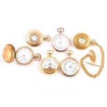 Five gold-plated pocket watches and a white and rose metal pocket watch.