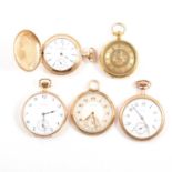 A yellow metal full hunter pocket watch and four gold-plated and gold-filled pocket watches.