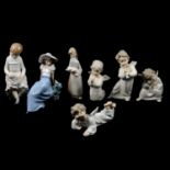 Four Lladro cherubs, girl with a piglet and two Nao figures,