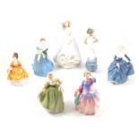 Six Royal Doulton lady figurines and one Nao porcleain figure,