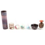 Five Mdina glass vases, slag glass vase and bowl,