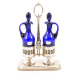 Victorian Bristol blue oil and vinegar cruet in electroplated stand