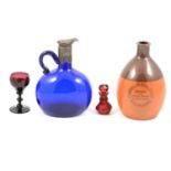 Blue glass flask and three other items