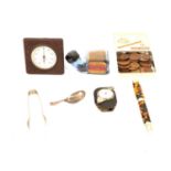 A tray of collectables, pens, bakelite, costume jewellery.