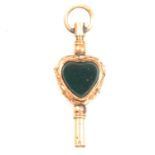 Victorian yellow metal watch key inset with rock crystal and bloodstone