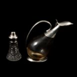 Cut glass caster with silver mount and a novelty claret jug with plated mounts,
