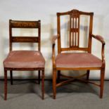 Dutch fruitwood elbow chair and a marquetry side chair,