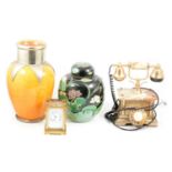 French style timepiece, reproduction green marble telephone, modern yellow vase and black ground gin