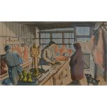 Edward Bawden, Scenes from Great Badfield, Essex, 1949, Peeling Potatoes and The Butchers shop,