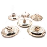 Silver plated muffineer and five entree dishes.