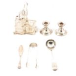 Silver cruet, pair candlesticks, ladle, butter knife and tongs,