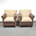 Pair of modern leather and cloth easy chairs,