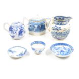 English pearlware teapot, circa 1800, lozenge shape, transfer printed Willow pattern, 15cm; blue and