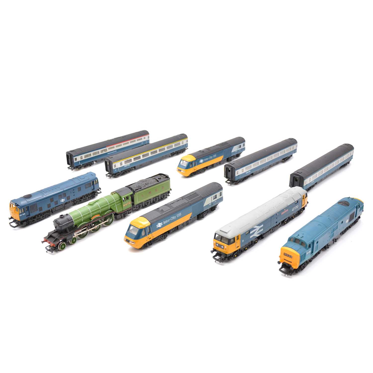 Five Hornby OO gauge locomotives, some with matching dummy cars and coaches