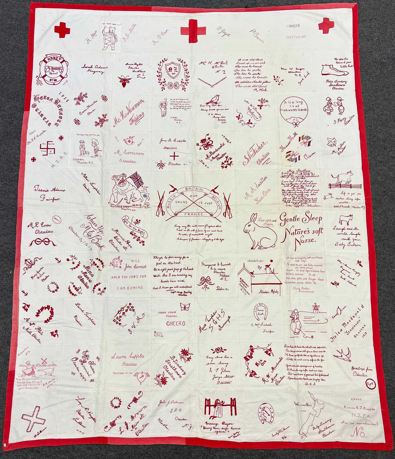 A WW1 Otautau Quilt made by members of the Red Cross in Otautau, New Zealand.