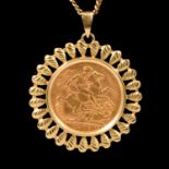 A Gold Full Sovereign Coin pendant and chain.