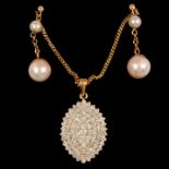 A marquise shaped diamond pendant and chain, pearl drop earrings.