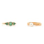 A cultured pearl ring and emerald ring.