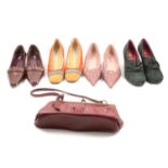 Four pairs of vintage shoes, handbag.