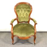 Victorian walnut easy chair, green upholstery.