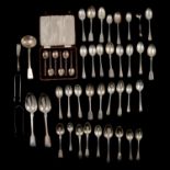 A collection of hallmarked silver flatware, pair of servers, tea and coffee spoons.