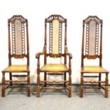 Set of five Jacobean style oak dining chairs,