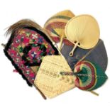 Collection of woven Ethnic rigid fans, and a fly whist