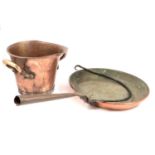 Two large antique copper cooking pan and another handled pot.