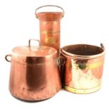 Copper and brass log bin, copper coal scuttle/umbrella stand; large copper cauldron.
