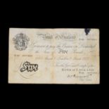 WW2 Bank of England white £5 bank note.