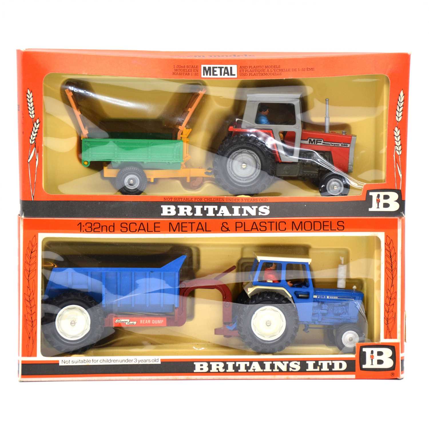 Britains Farm toy models, Ford and Massey Ferguson tractors with trailers.