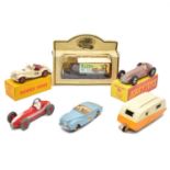 Five Dinky Toys die-cast models including ref 108 MG Midget racing car