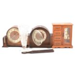 Two oak mantel clocks, etc.,