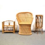 Modern wicker and woven paper chair, bamboo folding set of shelves and a similar jardiniere stand