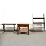 Reproduction mahogany lamp table, wall shelves, and oak effect occasional table