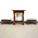 Oak joint stool, 20th Century, and two oak footstools,