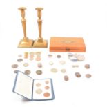 George III and later British coins, royal commemorative medallions, and pair of brass candlesticks.
