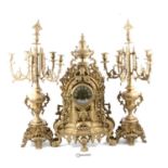Large French cast brass clock garniture