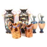 Pair of Doulton Lambeth ewers, large pair of Victorian vases, and copper lustre jugs