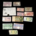 Various bank notes including a white £5 note