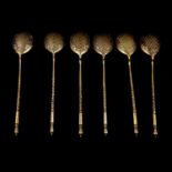 Six Russian silver gilt tea spoons, possibly assayer I Avdeyev