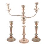 Silver plated candelabra and candlesticks,