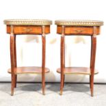 Pair of reproduction kidney-shaped side tables, and two beech-framed chairs