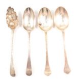 Pair of silver trefid spoons and two others,
