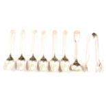 Set of six silver coffee spoons and matching tongs,