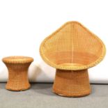 Cane tulip chair, width 82cm, height 90cm, and a footstool.