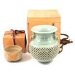 Korean celadon reticulated vase, an an earthenware bowl, modern,