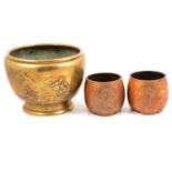 Chinese brass jardiniere and a pair of small bronze vases,
