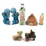 Pair of Chinese glazed pottery foo dogs, other figures,