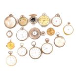 A collection of pocket watches, to include one yellow metal, case marked 14K; silver and white metal